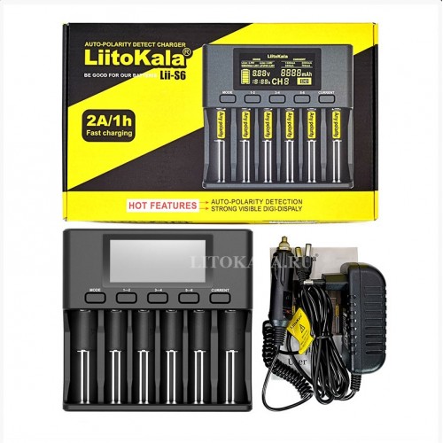 Liitokala Lii-S6 Зар. ток 0.5/2А, LiIon, LiFe, NiMh, 26650-10440 авт. опр. полярности